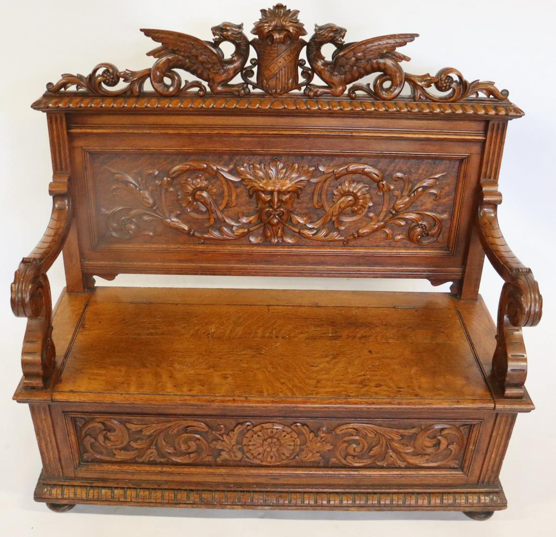 Possibly Horner Highly Carved Oak Bench With (1 of 9)