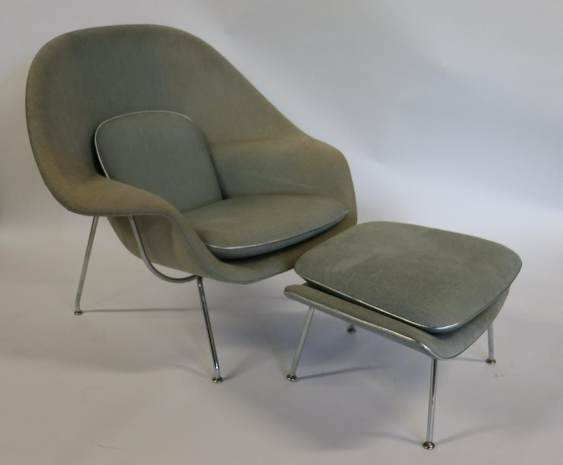 Knoll Signed Saarinen Womb Chair And Ottoman.: With label on base. From a Brooklyn estate. Dimensions are approximately: Chair 36.5" h x 39.75" w x 32" d and Ottoman 15" h x 23" w x 20" d