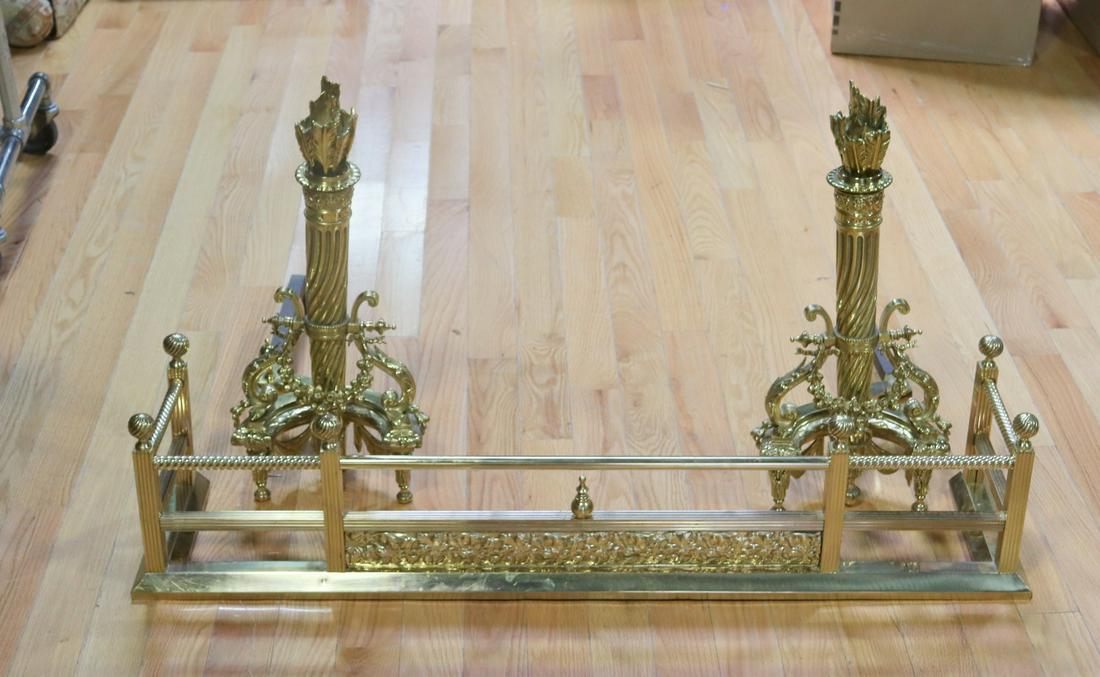 Antique Gilt Metal Andirons And Fender.: Nice quality arrow form large and decorative. From a Staten Island waterfront estate. - Dimensions: Andirons 27"H & Fender 48" x 11"
