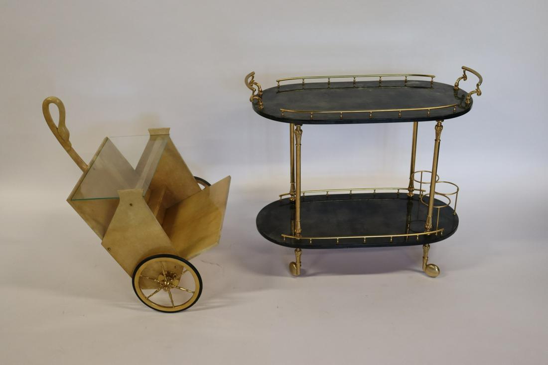 2 Midcentury Aldo Tura Parchment Serving: Carts . Both with wheels and gilt metal mounting . Larger cart 29.5" x33" x16" the other 28"H x 26" x20". From a Long Island estate .From a Long Island estate