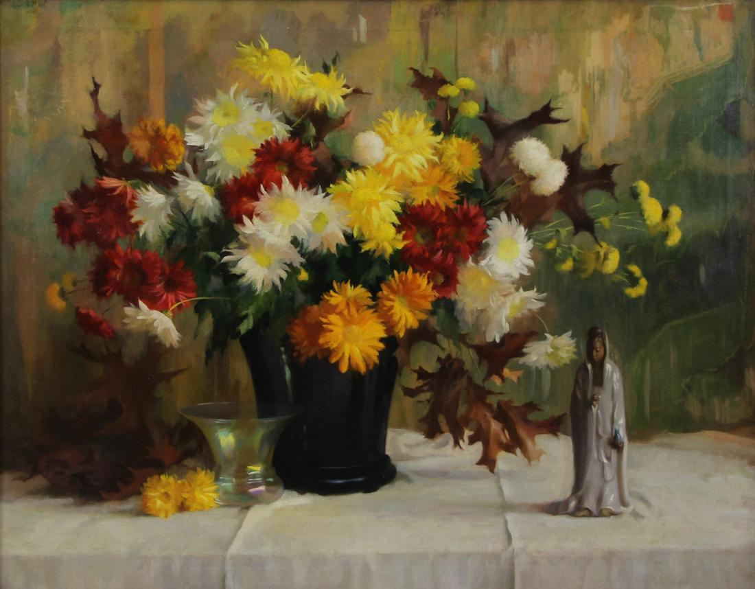 ELMER GREENE (AMERICAN, 1907-1964).: Oil on Canvas. Floral Still Life. Signed upper left. From a New Canaan, CT collection. - Dimensions: 28" high x 35" wide