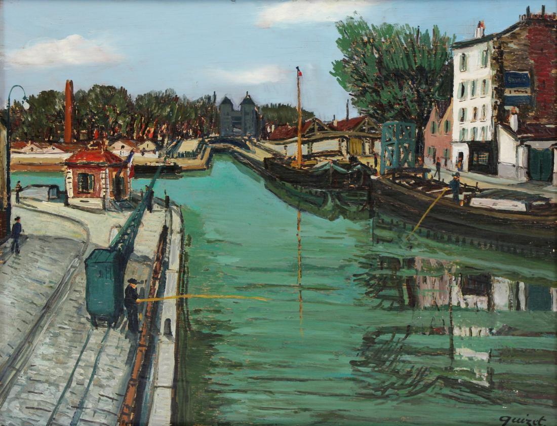 LEON-ALPHONSE QUIZET (FRENCH, 1885-1955).: Oil on Panel. "Fishing in the Canal". Signed lower right. From a Rye, NY collection. - Dimensions: 13" high x 16.25" wide