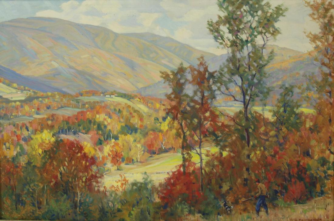 WALLACE WEIR FAHNESTOCK (AMERICAN, 1877-1962).: Oil on Canvas. "Dorset Hollow". Signed lower right. Latin American exhibition labels affixed verso. From a Yorktown Heights, NY collection. - Dimensions: 24.25" high x 36.25" wide
