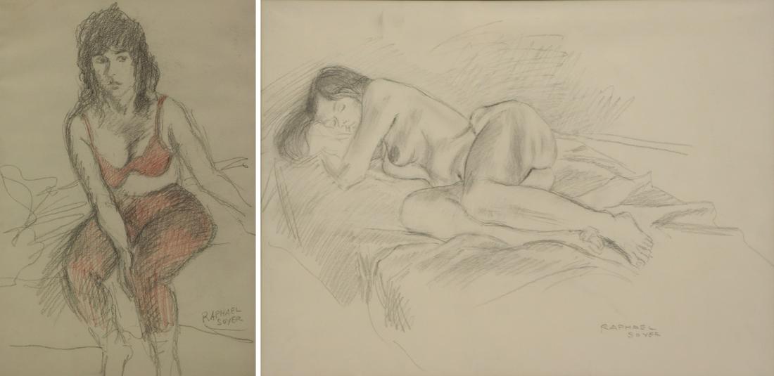 RAPHAEL SOYER (AMERICAN, 1899-1987).: Grouping of Two Drawings. To include: "Woman in Red Bra", signed lower right, good, framed behind glass, not examined out of frame, 16" high x 11" wide; Nude Study, signed lower ri