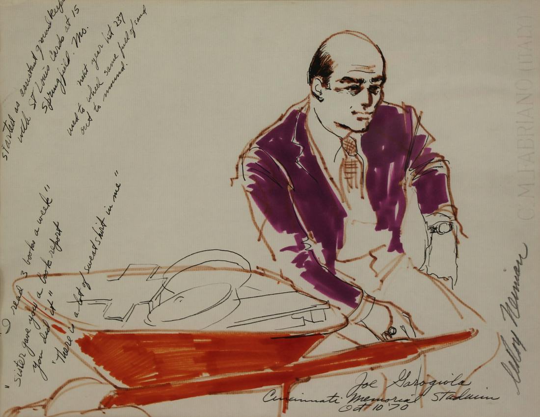 LEROY NEIMAN (AMERICAN, 1921-2012).: Mixed media on paper. Joe Garagiola. 1970. Signed and dated lower right. Inscribed throughout. From a Garden City, NY collection. - Dimensions: 12" high x 14.5" wide