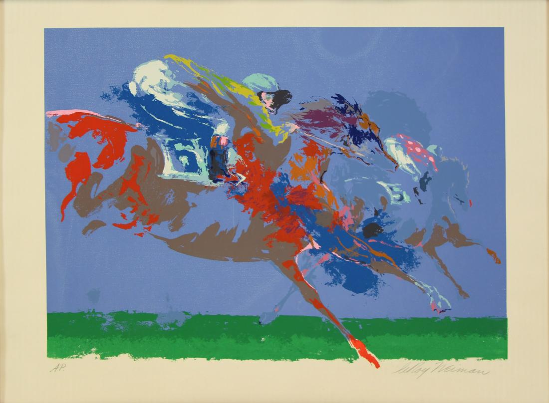 LEROY NEIMAN (AMERICAN, 1921-2012).: Serigraph. "In the Stretch". Signed lower right. A.P. From a Garden City, NY collection. - Dimensions: 25.5" high x 33.5" wide