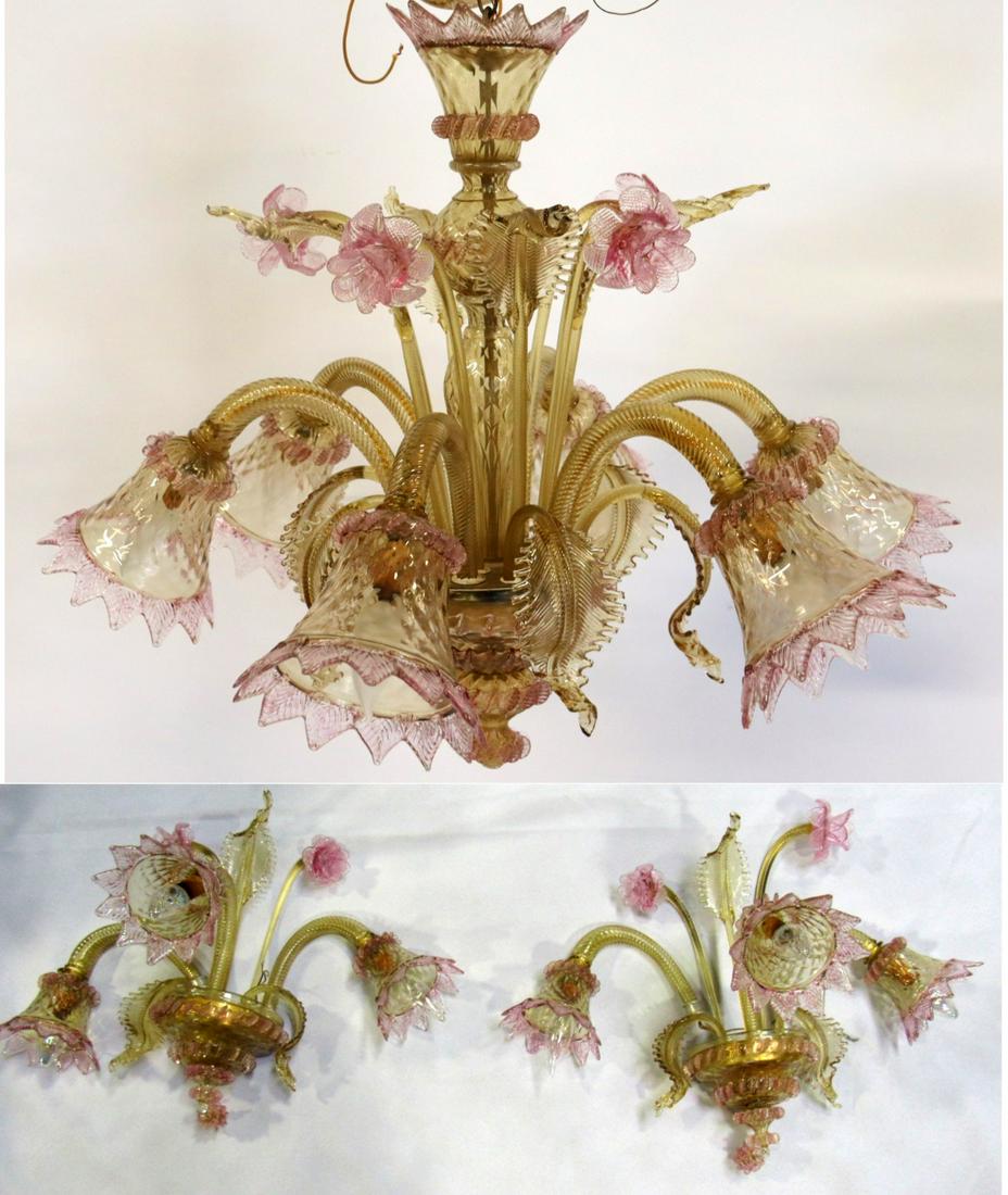 Fine Quality Murano Glass Chandelier And Sconces.: Great colors and good size. From a Staten Island estate. - Dimensions: Chandelier 23" h x 31" w