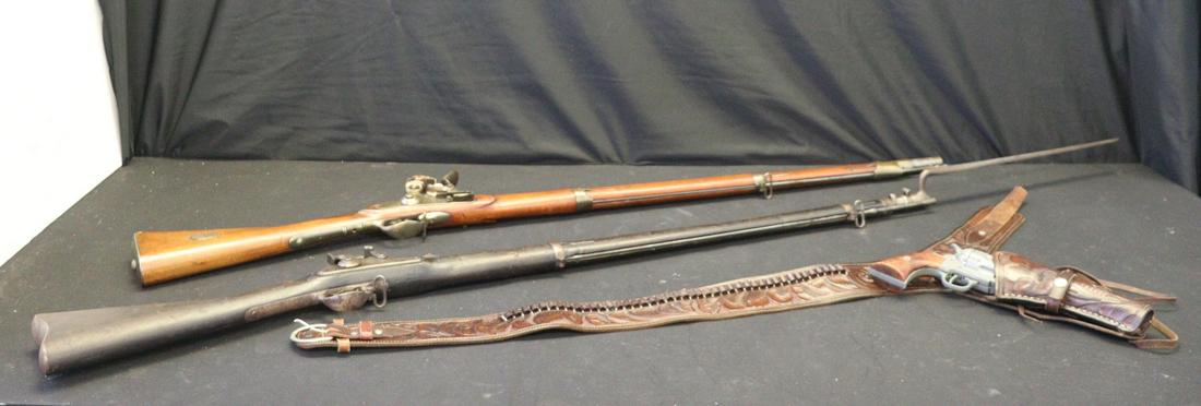Springfield Model 1864 Trapdoor Rifle & 2 More: 1) Springfield Model 1864 Trapdoor rifle with bayonet, barrel marked with "A" front and rear of pop up sight, 2) Belgian ELG Flintlock, 3) "BKA 98" movie prop 6 shooter revolver in
