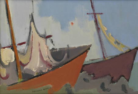 HERMAN MARIL (AMERICAN, 1908-1986).: Oil on Canvas. &quot;Inlet and Boats&quot;. 1959. Signed lower left. Titled and dated verso. From a Yonkers, NY collection. - Dimensions: 10.25" high x 14" wide