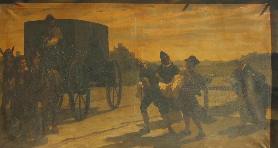 CONTINENTAL SCHOOL (19TH CENTURY).: Oil on canvas. Inquisition Scene (Carriage with Corpse). From a Greenwich, CT collection. - Dimensions: 43" high x 79" wide