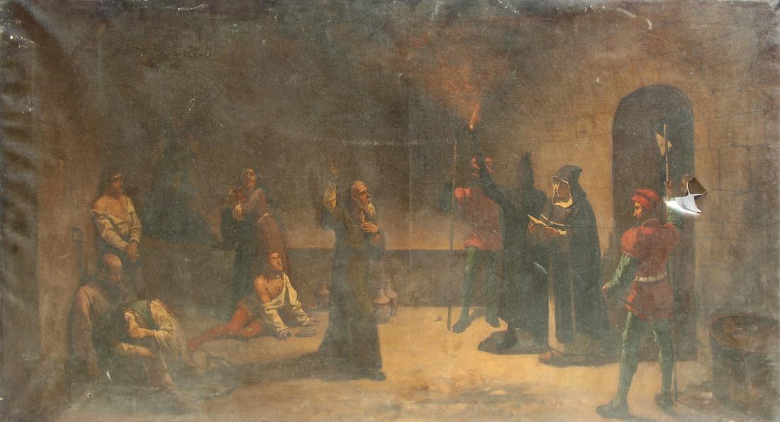 CONTINENTAL SCHOOL (19TH CENTURY).: Oil on canvas. Inquisition Scene (Dungeon Scene). From a Greenwich, CT collection. - Dimensions: 43" high x 79" wide