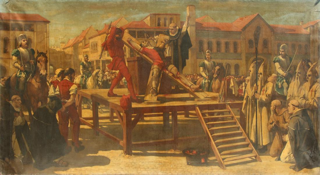 CONTINENTAL SCHOOL (19TH CENTURY).: Oil on canvas. Inquisition Scene (Crucifixion). From a Greenwich, CT collection. - Dimensions: 43" high x 79" wide
