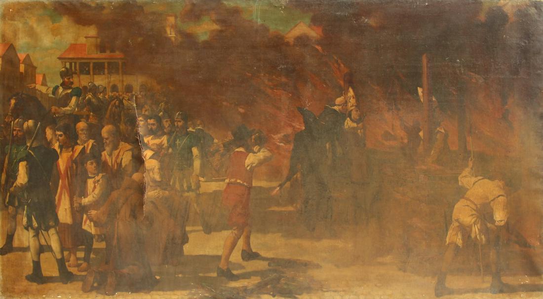 CONTINENTAL SCHOOL (19TH CENTURY).: Oil on canvas. Inquisition Scene (Burning at the Stake). From a Greenwich, CT collection. - Dimensions: 43" high x 79" wide