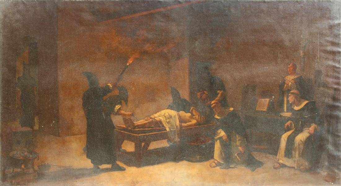 CONTINENTAL SCHOOL (19TH CENTURY).: Oil on canvas. Inquisition Scene (Torture Scene). From a Greenwich, CT collection. - Dimensions: 43" high x 79" wide