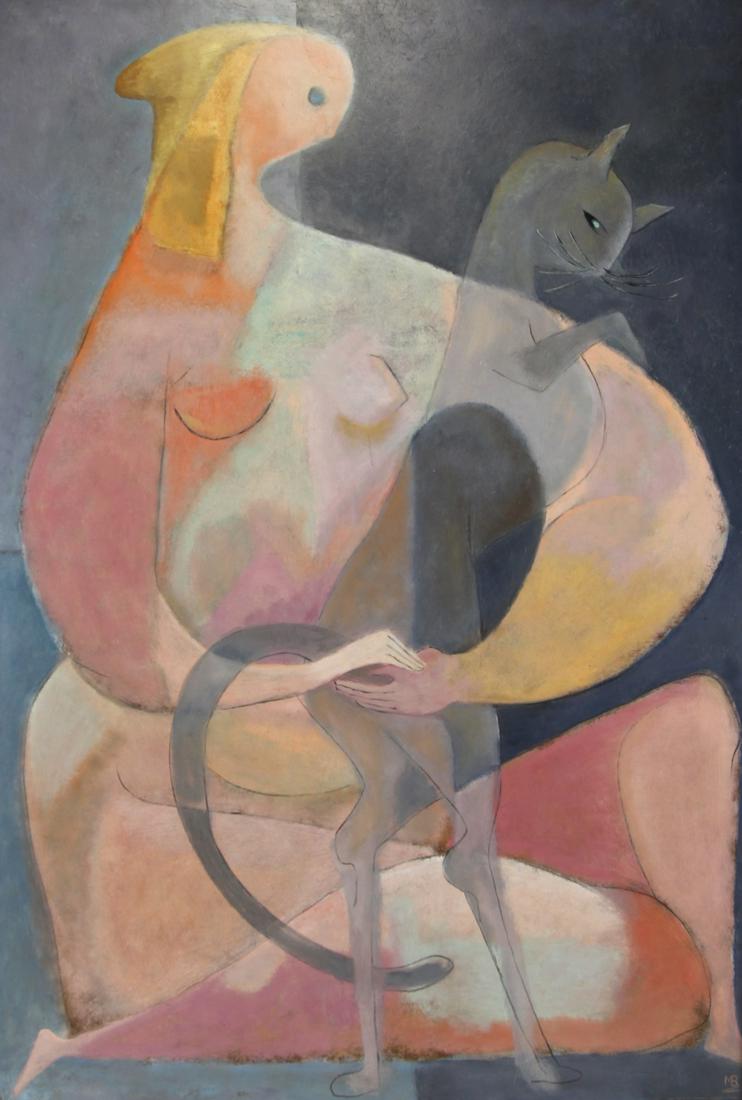 INITIALED M.B. (20TH CENTURY).: Oil on Masonite. Modernist Woman with Cat. Initialed lower right. From a Long Island, NY collection. - Dimensions: 48" high x 32.5" wide