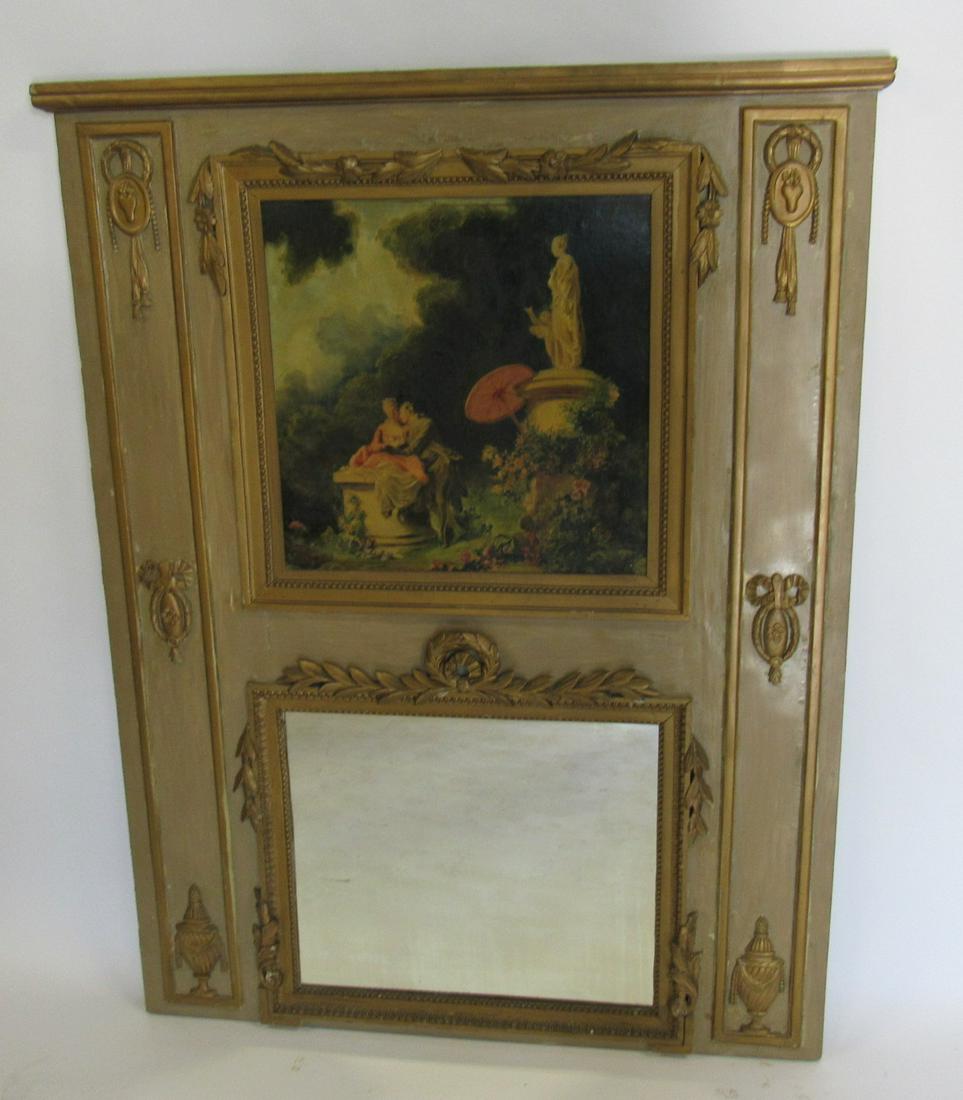 Antique Carved French Trumeau Mirror.: Top panel nicely painted. From a Fort Lee, New Jersey estate. - Dimensions: 63" x 49"