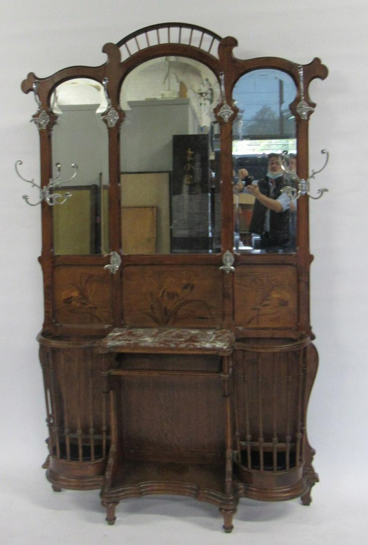Galle Style Inlaid, Mirror Back Hall Tree With: Marble Top. Good large size with Galle style inlay, apparently unsigned. From a Bedford NY estate. - Dimensions: 91" x 52" x 13"