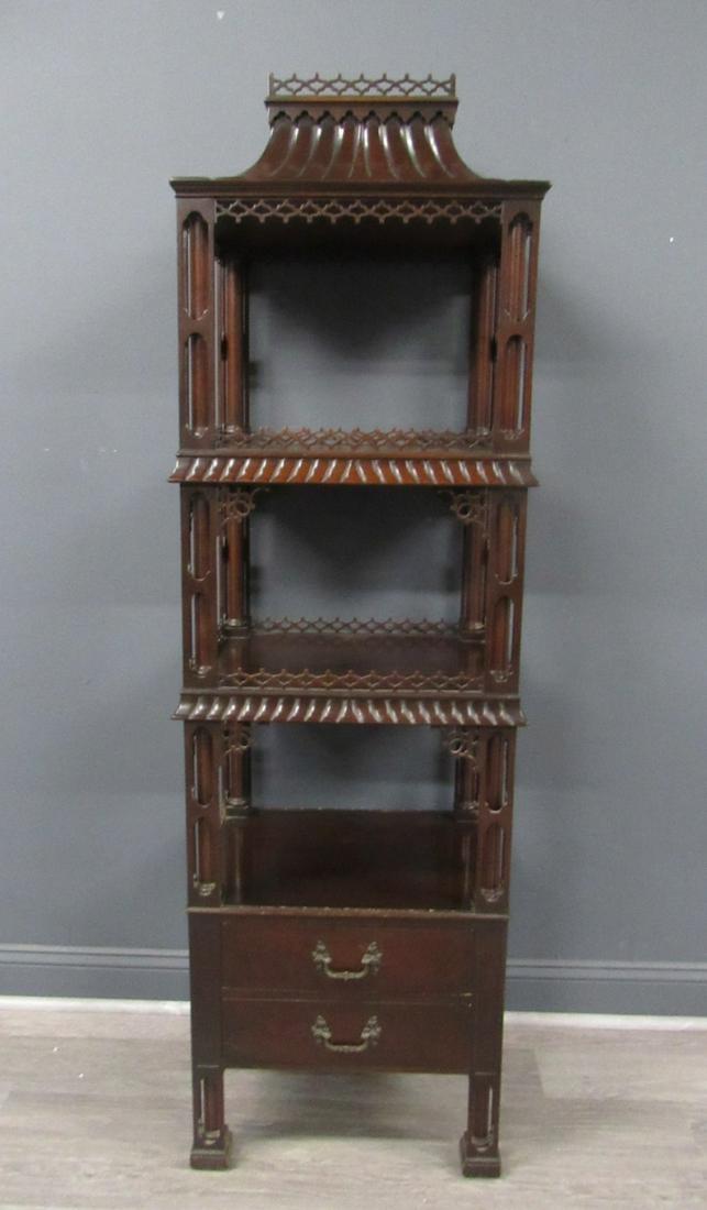 Antique Mahogany Chinese Chippendale Style: Pagoda Top Etagere. From a Greenwich CT estate. - Dimensions: 68" x 21" x 18.5"