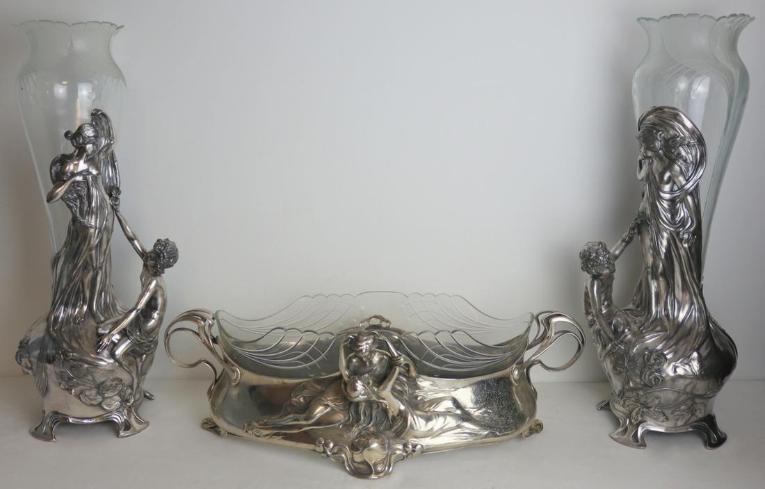 SILVERPLATE. 3 Pc. Art Nouveau WMF Garniture Set. (1 of 18)