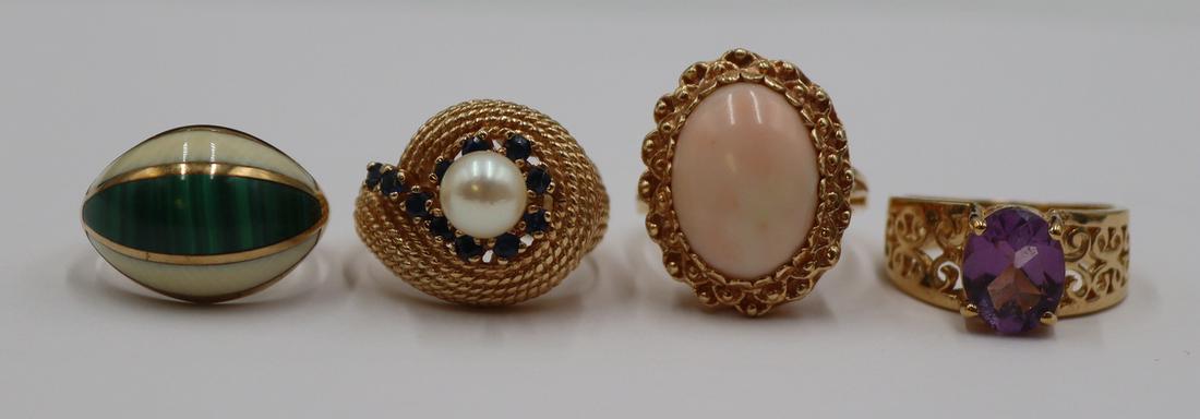 JEWELRY. (4) 14kt Gold Rings and Jewelry Chest.: Includes a 14kt yellow gold bombe form ring set with a central malachite panel flanked by bone, ring size - 6 3/4; a signed 14kt yellow gold ring with 6.5mm pearl with (11) sapphire accents, ring size
