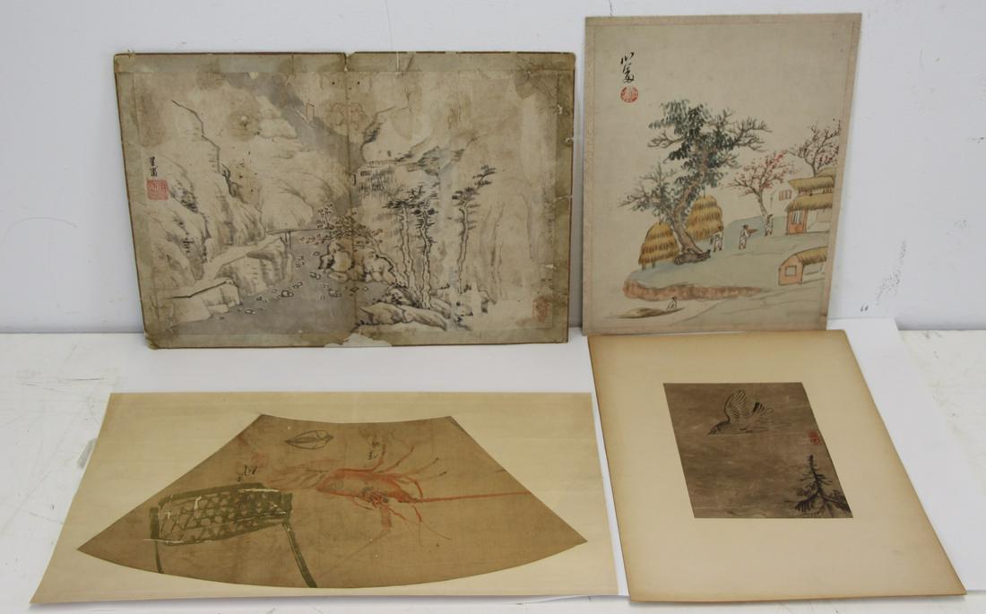 4 Signed Chinese Watercolor/Paintings: Signed river in a landscape 12" x15.5" stains, losses ,laid down creases, Farmers 12" x9.5" signed upper left , Lobster 16" x9" losses ,stains and Birs 8" x5.5"