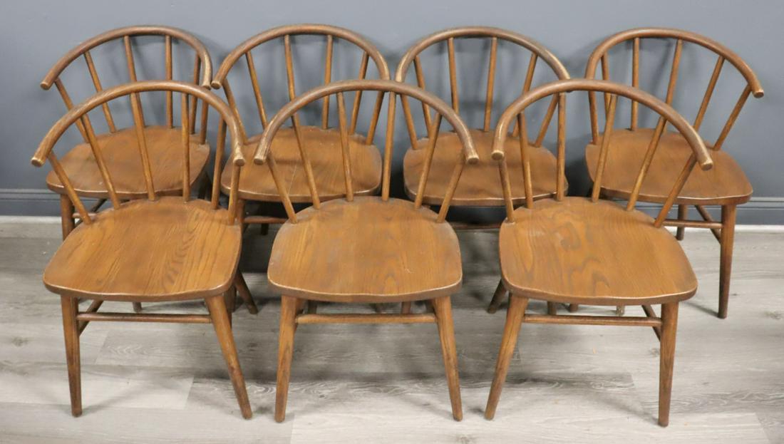 Thonet Midcentury Set Of 8 Curved &Spindle Back: Oak Chairs . A rare form signed on the base and from a Darien CT estate . - Dimensions: 30"x 18" x 17"