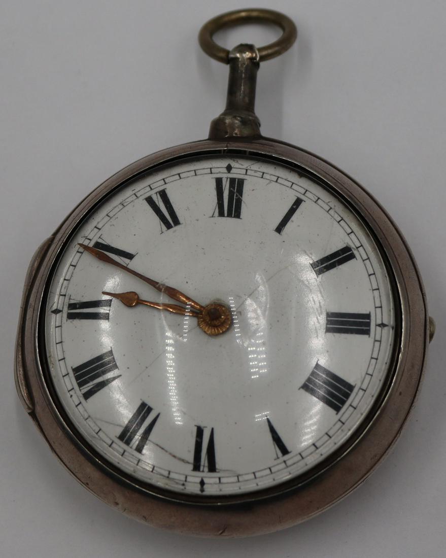 WATCH. Samuel Thorndike Silver Pocket Watch.: Samuel Thorndike English silver open face pocket watch - movement inscribed, "Saml. Thorndike 17377 Ipswich. Interior of watch case with London city stamps, a partial unidentified maker's mark, a