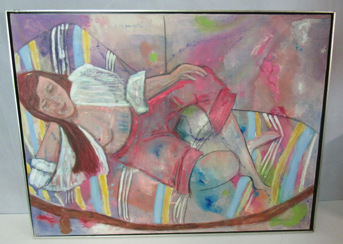 Illegibly Signed Oil On Canvas Reclining Nude: From a Larchmont storage - Dimensions: 35" x47" Frame 37" x49"