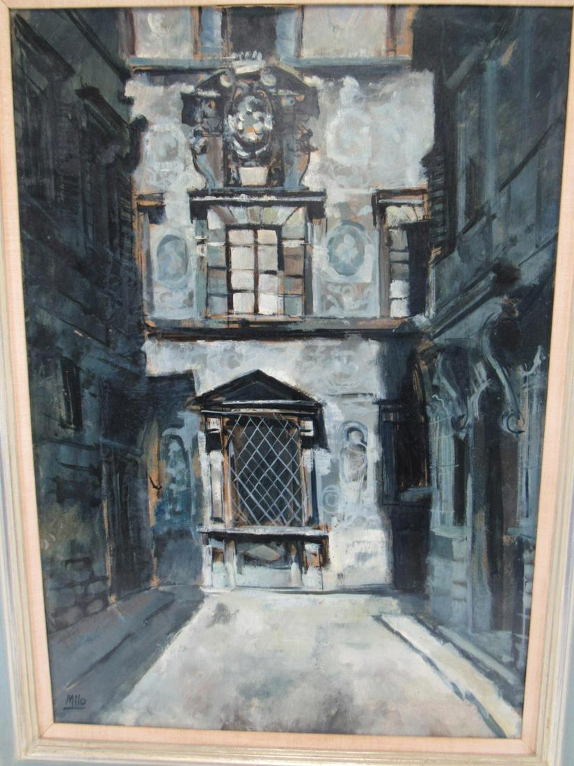 Milo signed Oil On Canvas Street Scene: Newcomb Macklin framed and Signed lrt left and from a Larchmont storage . - Dimensions: 38" x26.5" Frame 46" x35"