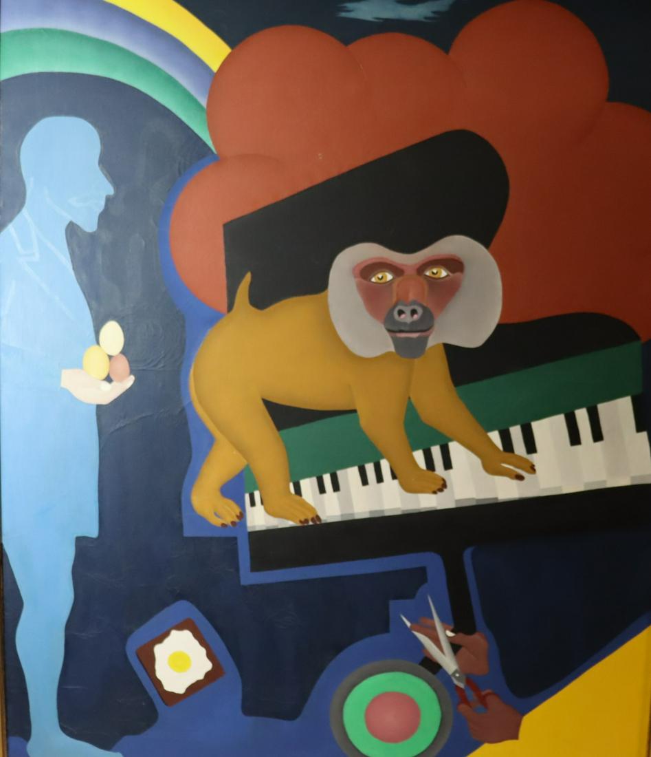 UNSIGNED. Oil On Canvas Monkey On Piano.: Aparantly unsigned and from a Larchmont storage - Dimensions: 62" x52" frame 66" x55"