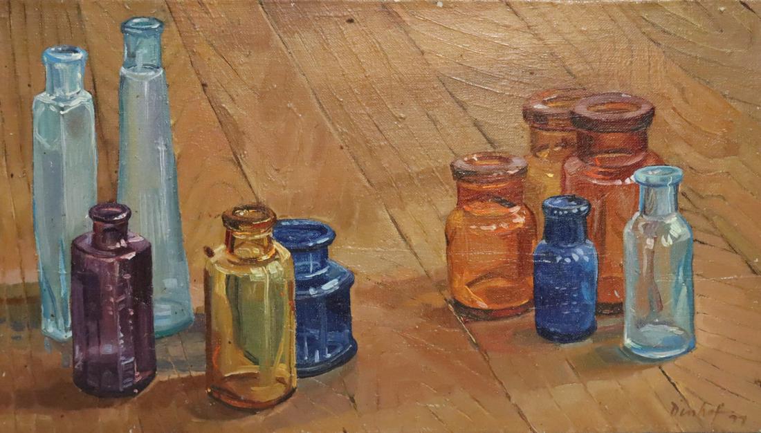 Lisa Dinhofer Oil On Canvas "10 Little Jars On: Wood" . Signed lr rt and dated 1977 ,label verso . From a Larchmont, New York storage . - Dimensions: 9" x16"