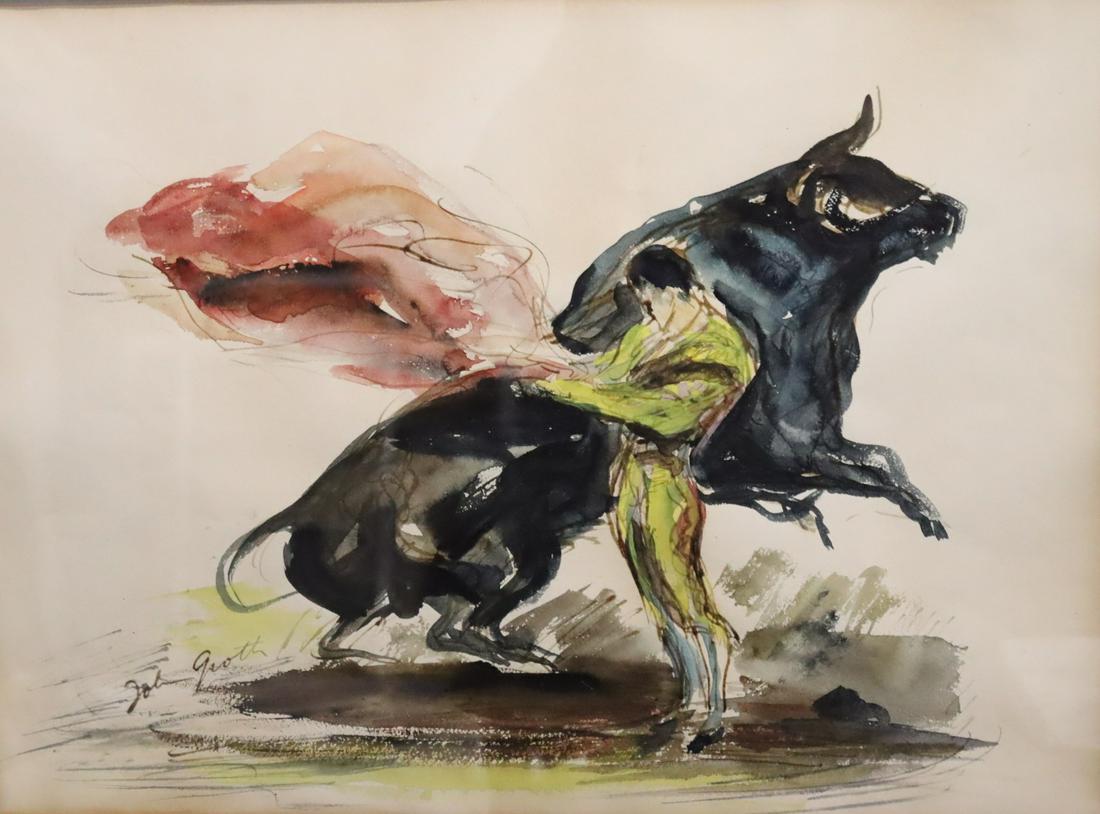 John Groth Signed Watercolor Bullfighter .: Signed lr left and from a larchmo0nt storage . - Dimensions: 14" x18.5" frame 22" x27"