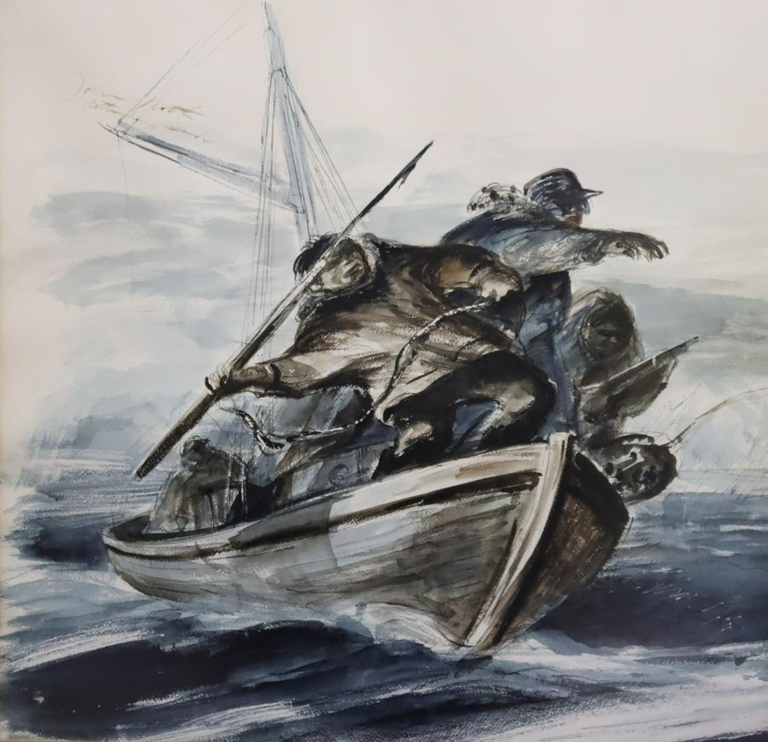 John Groth Signed Watercolor Whale Hunters: Signed upper left and from a Larchmont storage . - Dimensions: 24.5" x24.5" frame 32" x32"