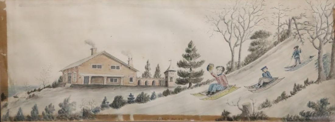 ILLEGIBLY Signed and Dated Kids Sledding: From a Larchmont storage - Dimensions: 7.5" x20" frame 16" x27"