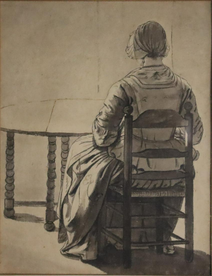 UNSIGNED. Pencil Drawing Of A Lady On Chair (1 of 3)