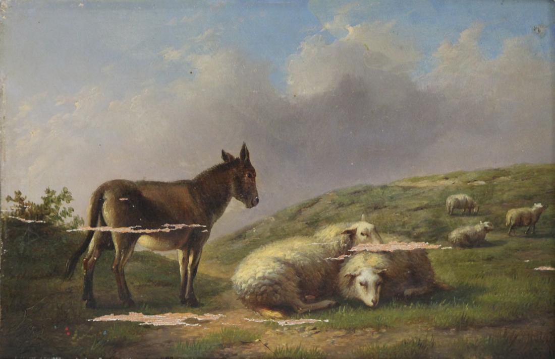 AUGUSTE COOMANS (BELGIAN, 1855-1896).: Oil on panel. Livestock. 1882. Signed and dated lower left. From a New York collection. - Dimensions: 7" high x 10" wide