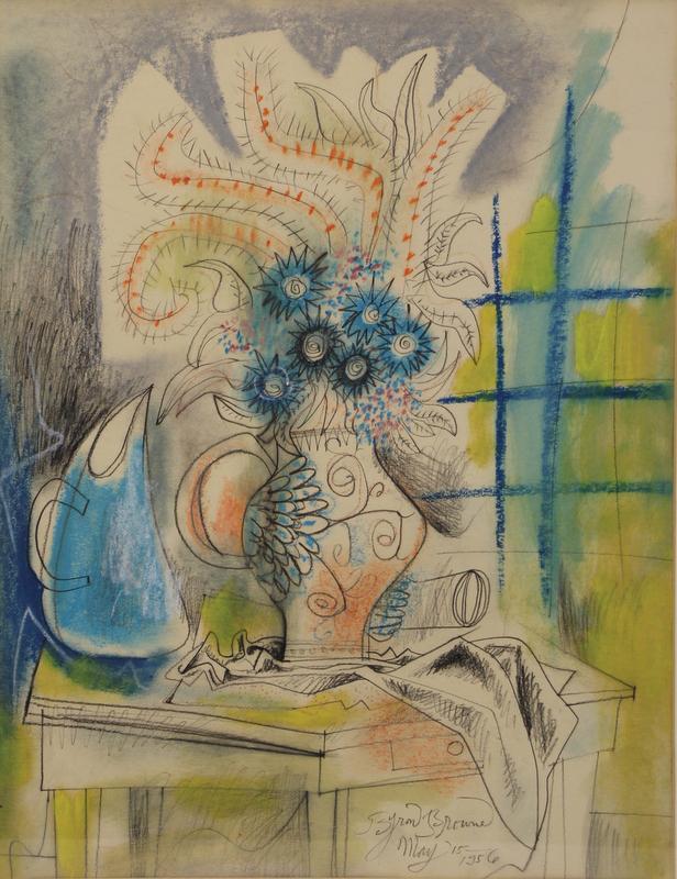 BYRON BROWNE (AMERICAN, 1907-1961).: Watercolor. Floral Still Life. 1956. Signed and dated lower right. From a New York, NY collection. - Dimensions: 25.5" high x 19.5" wide