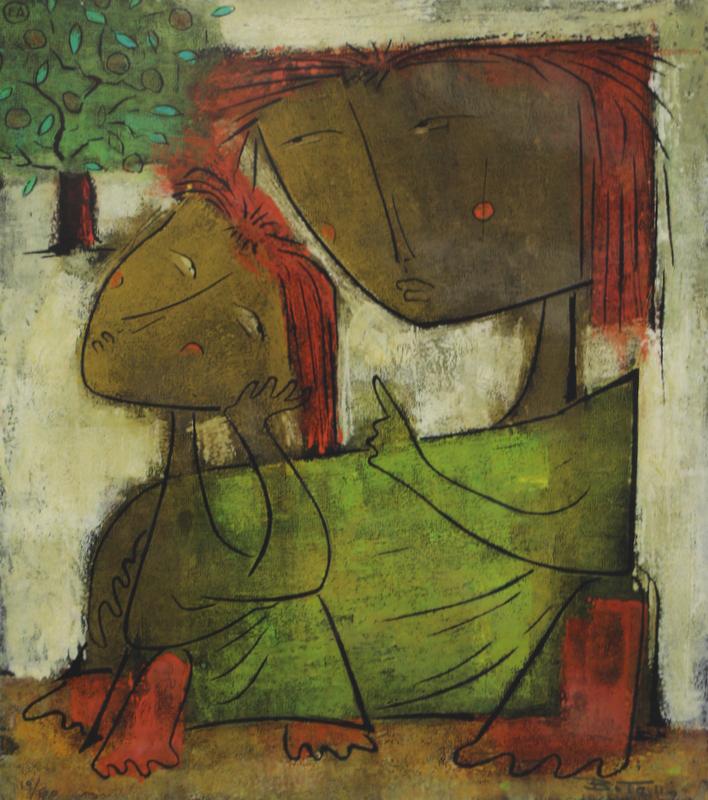 ANGEL BOTELLO (PUERTO RICAN, 1913-1986).: Linocut. Mother and Child. Signed lower right. No. 19 from an edition of 100. From a Connecticut collection. - Dimensions: 17" high x 15" wide