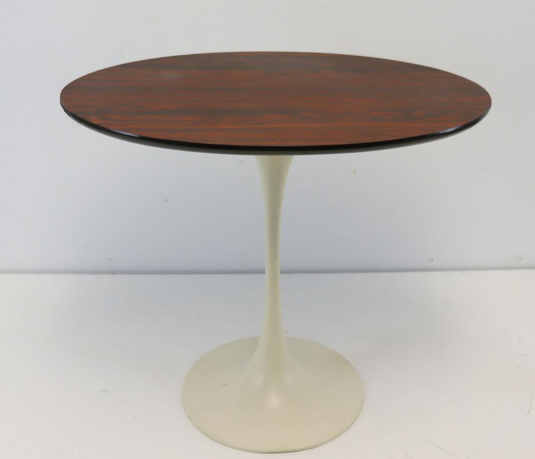 Midcentury Eero Saarinen Wood Top Table: Together With A Metal Bench (20.25" x 23" x 15"). From a Great Neck, LI estate. - Dimensions: 20" h x 15" dia