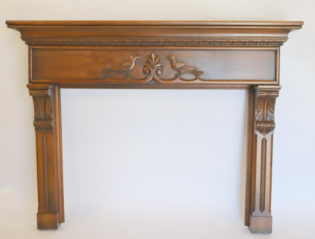 Antique Carved Wood Fire Mantle.: Nice patina, carved on columns and also with 2 Doves as crest. From a Larchmont New York estate. - Dimensions: 58" x 74" x 53"