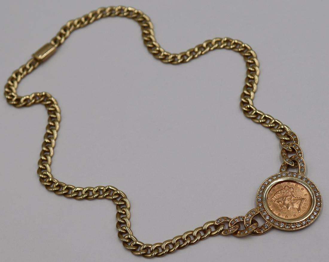 JEWELRY. Chimento 14kt Gold and Diamond Coin: Necklace. Signed Chimento Italian 14kt yellow gold necklace comprised of a central 1903 (Philadelphia) struck liberty head quarter eagle gold piece, mounted in a circular frame inlaid with a pave diam