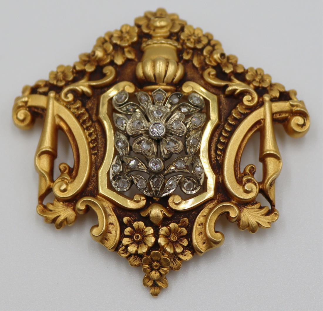 JEWELRY. Continental 14kt Gold and Diamond Brooch. (1 of 8)