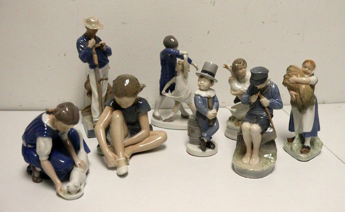 6 Royal Copenhagen & 2 B&G Porcelain: Figurines. To include 6 Royal Copenhagen figurines: Farmer with a scythe (9.75" h), Girl putting on shoes (6.25"h), Boy leaning on Barrel (7.25"h), Boy Whittling (7.25"h), Boy with Geese (7"h - chip o