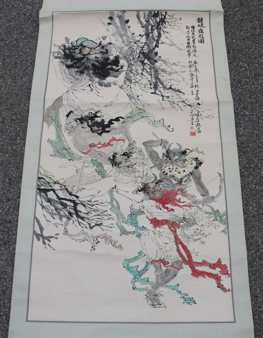 Signed Contemporary Chinese Scroll Painting.: Of fighting warriors. From a Tuckahoe, NY estate. - Dimensions: 49"h x 16.5"w (painting)