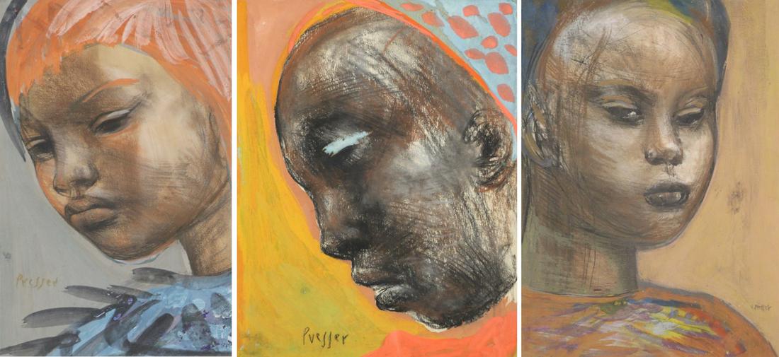 JOSEF PRESSER (AMERICAN, 1907-1967).: Grouping of three mixed media on paper. Portraits. Signed. Sizes from 10" high x 7.75" wide to 12.25" high x 9.5" wide. From an Ardsley, NY collection.