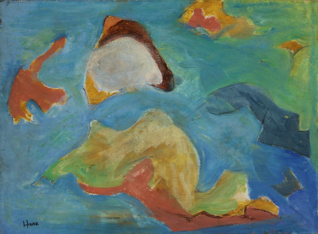 DAVID HARE (AMERICAN, 1917-1992).: Oil on canvas. "Elliott Isle Shore". Signed lower left. Titled verso. From a Queens, NY collection. - Dimensions: 18" high x 24" wide