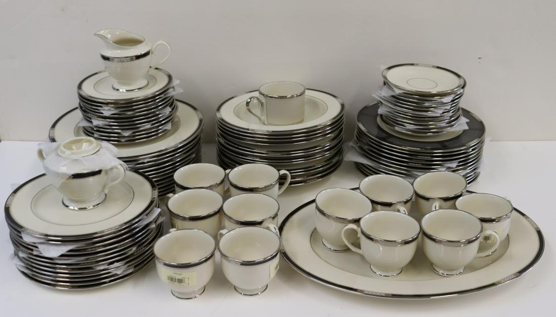 Lenox "Hancock Platinum" Porcelain Partial: To include 12 Plates (10.25"), 12 Plates (8.25"), 12 Plates (6.5"), 12 Bowls (8.75"), 12 Cups (3.5" dia), 12 Saucers (5.5" dia), 1 creamer, 1 sugar, 12 Black Border Plate