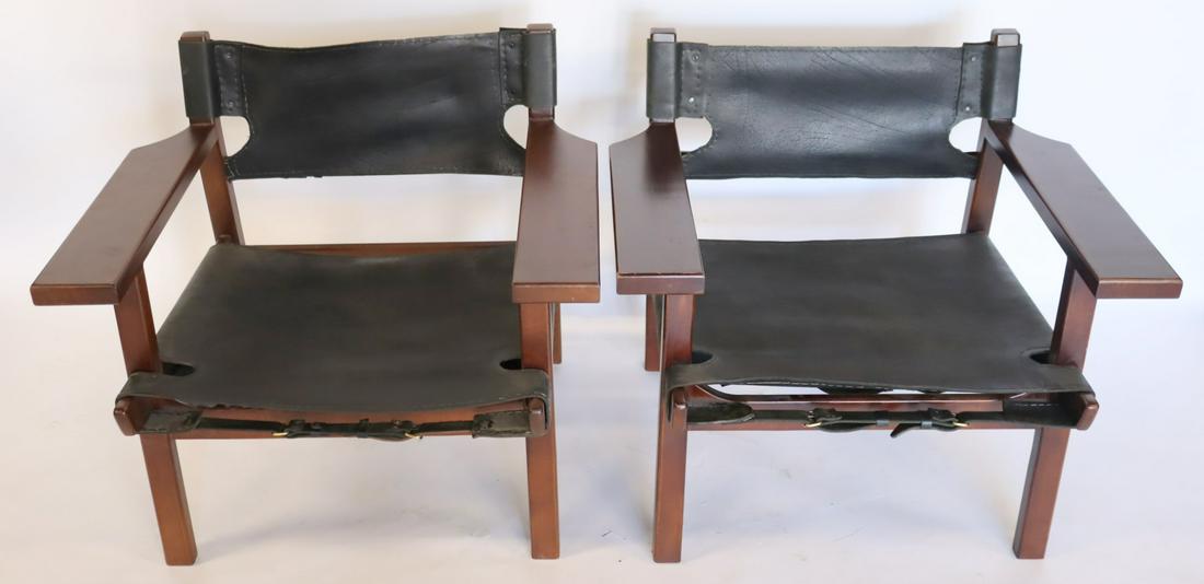 Vintage Pair Of Borg Morgenson Style Leather: Upholstered Arm Chairs. From an Englewood, New Jersey estate. - Dimensions: 30" x 24" x 31"