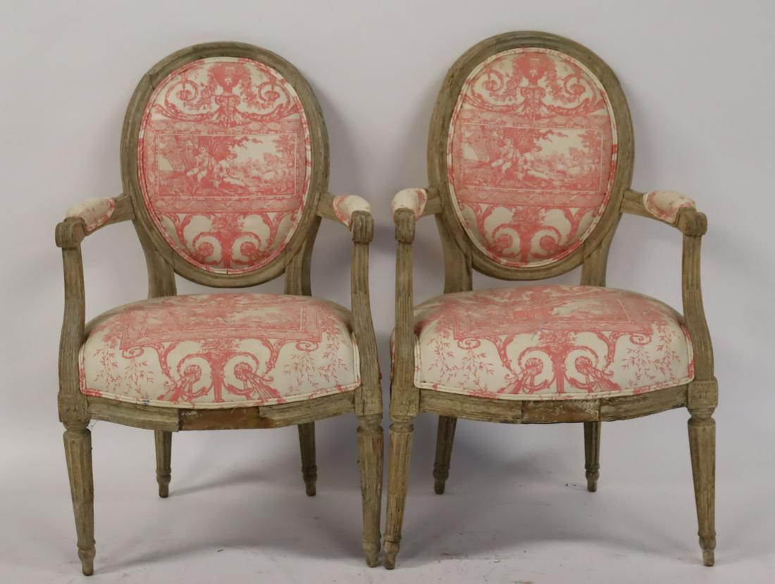 Pair Of Louis XV1 Arm Chairs.: From a Long Island estate. - Dimensions: 35" h x 21" w x 17.5" d
