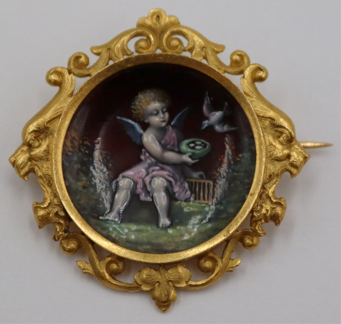 Signed French 18kt Gold and Enamel Brooch.: Signed antique French 18kt yellow gold brooch with central enamel depiction of a robed putti feeding a dove against a beautiful crimson ground. Scrolling surround with open mouthed lion's heads flanki